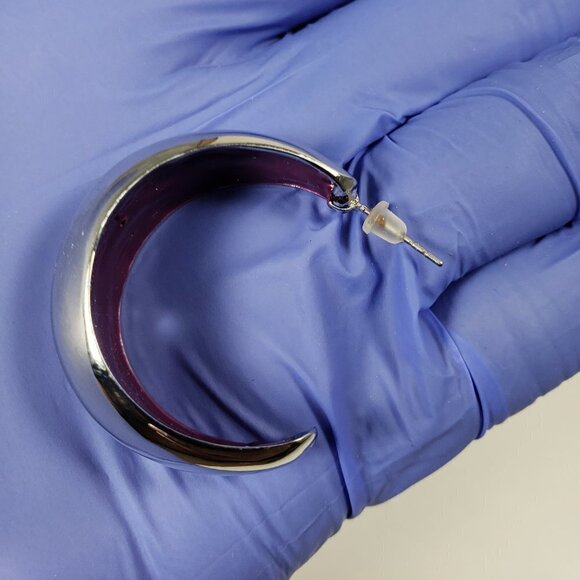 Women's Stylish Polished Silver tone Crescent / Half Hoop Drop Earrings, 1.25" - Picture 7 of 7